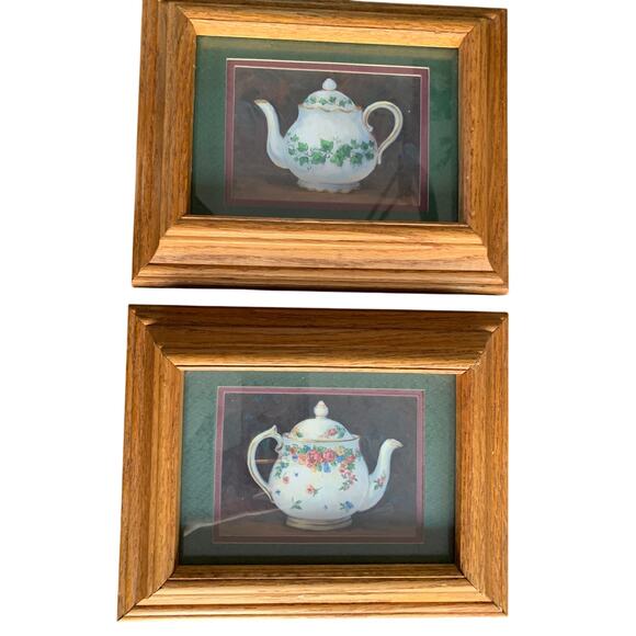 Set of 2 Barbara Mock Teapot Pictures Oak Framed Green Burgundy Double Matted - Picture 2 of 6